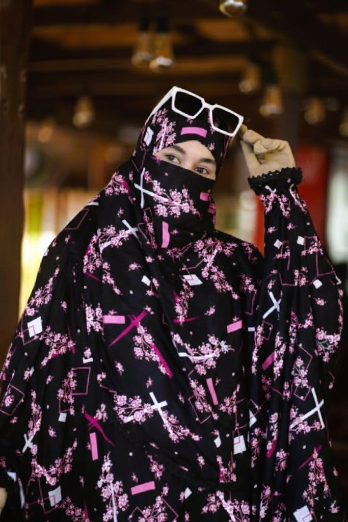 Premium Black & Pink Floral Palazzo Khimar Set with Niqab Premium Black & Pink Floral Palazzo Khimar Set with Niqab