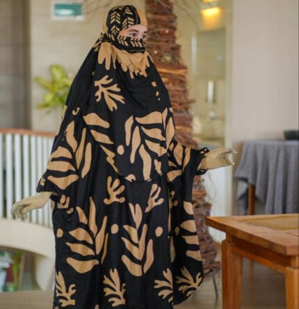 Premium Golden-Tan Leaf Print Palazzo Khimar Set with Niqab